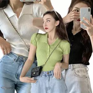 카라넥 사계절 반팔 니트티 골지 크롭 스타일 단추 포인트 이너티