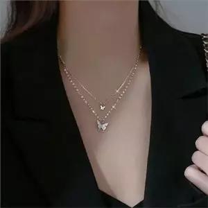 데일리 두줄 레이어드 목걸이 나비 믹스 체인 목걸이 여성 주얼리 나비펜던트목걸이