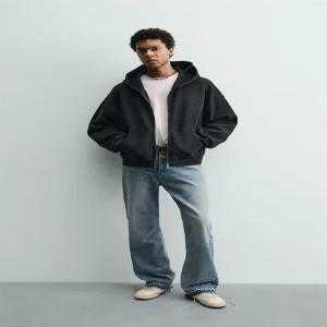 ZARA 워시드 와플 후드 스웨트셔츠 - 다크 앤트러사이트 그레이 0526/409/898