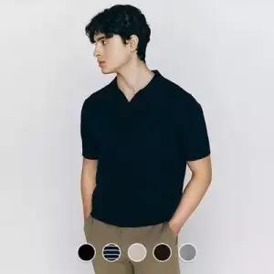 지오다노 남성 스티치 슬릿넥 반팔 카라 니트 스웨터 055526 01055526 LE1219413932
