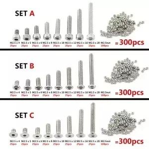 300개 M2.5(2.5mm) 스테인레스 스틸 나사 볼트(육각 너트 모음 도구 )