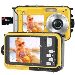 스노클링 컴팩트 플로팅 포인트 및 샷 디지털 카메라 1250MAH 배터리를 위한 32GB 카드 64MP 오토포커스 듀얼 스크린 셀카 방수 카메라가 장착된 4K 16FT 수중