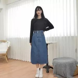 [하프클럽/]TBZ 교복몰 (GBM)투버튼밴드 롱 데님스커트(진청)