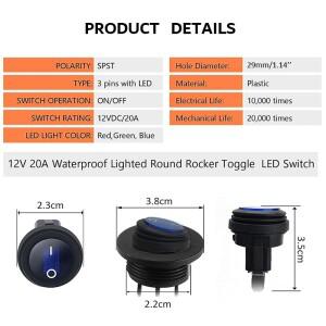 12V 토글 스위치 방수 LED 조명 라운드 로커 패널 SPST 3 핀 해양 On Off 자동차 보트 RV 트럭
