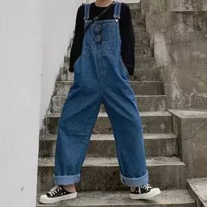 [하프클럽/셀럽하우스]여성 데일리 와이드핏 데님팬츠 멜빵바지 청멜빵바지