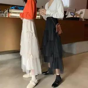 [하프클럽/셀럽하우스]여성 망사 캉캉스커트 러블리 쉬폰 리본 롱스커트