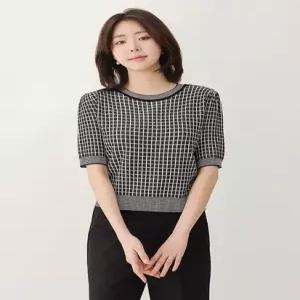 골드 버튼 체크 반팔 니트 봄 여름 하객 오피스룩