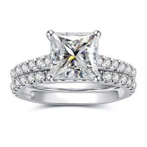 AnuClub (총 4.14ct 3CT 센터 모이사나이트 약혼 반지 웨딩 밴드 D 컬러 VVS1 라운드 컷 925 스털링 실버 신부 세트 여성용)