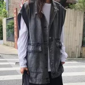 [하프클럽/셀럽하우스]청 데님 조끼 데일리 오버핏 카라 베스트 블랙