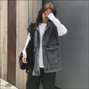 [하프클럽/셀럽하우스]블랙진 데님조끼 오버핏 청조끼 빈티지 레이어드 쪼끼