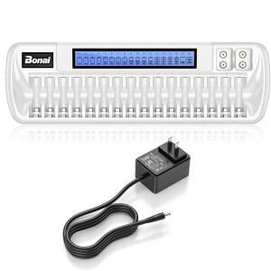 스마트 LCD 디스플레이와 AC 월 어댑터를 사용한 NIMH 충전식 배터리 독립 제어용 BONAI 16+2 BAY AA 9V 충전기 미포함 - 흰색