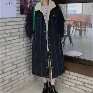 [하프클럽/셀럽하우스]카라 롱 인조양털 청자켓 롱코트 여자 점퍼 데님 뽀글이 안감