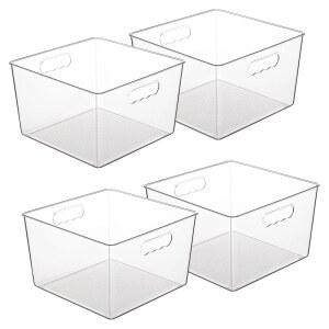 Vtopmart 4팩 초대형 투명 플라스틱 보관함 11x11 큐브 아크릴 정리함 사각형 용기 팬트리 옷장 세탁실 주방 욕실 언더싱크 정리함 손잡이 포함