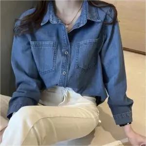 [하프클럽/셀럽하우스]여자 클래식 진청 루즈핏 청남방 셔츠 데님 데일리