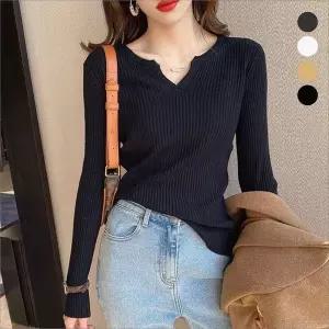 [하프클럽/셀럽하우스]여성 슬림핏 슬릿트임 브이넥 골지니트 긴팔 이너티