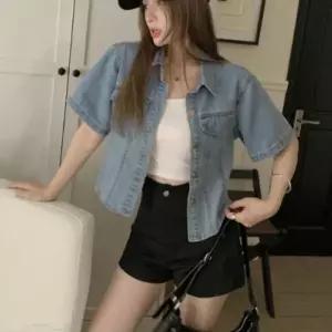 [하프클럽/]여성 여름 데일리 세미크롭 데님 포켓 반팔 청자켓