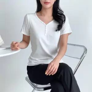[하프클럽/셀럽하우스]여성 여름 버튼 브이넥 반팔티 데일리 골지 티셔츠