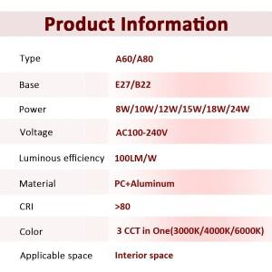 1-20pcs LED 3 색상 조정 전구 AC110V 220V E27 B22 기본 3CCT(3000K 4000K 6000K) 메모리 기능 색온도 재