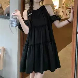 멜빵원피스 캉캉 원피스 세로 입체 홀터넥 밴딩 소매 프릴 A라인