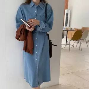 멜빵원피스 데님 셔츠 원피스 허리스트링 화이트 스티치 캐주얼룩