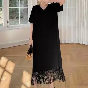 멜빵원피스 주름원단 밑단 다이아자수 프린지 블랙원피스 일자핏