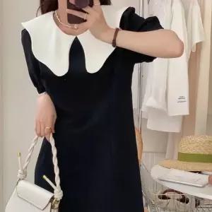 플레어원피스 배색 카라 원피스 A라인 허리 절개 어깨셔링 퍼프소매