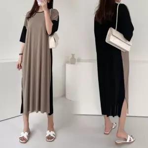 마담 빅사이즈 큰옷 배색주름옆트임원피스 L054H 루즈핏