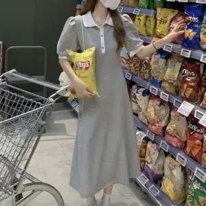 여성원피스 카라 배색 반팔 롱원피스 셔링 퍼프소매 동네 마실룩