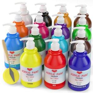 스몰부디 15색 대형 벌크 아크릴 페인트 세트(10온스 300ml) 멀티 표면 캔버스 목재 가죽 패브릭 암석 공예용 아트 페인팅 용품 펌프 컬러 휠이 있는 무독성 페인트