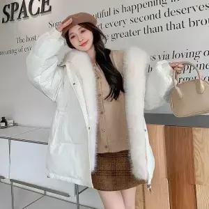 패션 토끼털 칼라 후드 코튼 재킷 여성용 신상 플러시 및 두꺼운 겨울 코트 따뜻한 파카