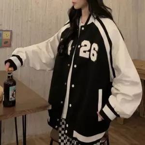 셀럽하우스 여성 루즈핏 힙 커버 배색 레터링 스타디움 야구 데일리 재킷