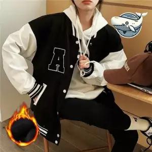 트렌디 배색 겨울 후드 야구점퍼 기모 아우터 아우터 기모 배색 겨울 야구점퍼