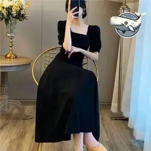 시크 블랙 롱 드레스 편안한 소매 벌룬 디자인 여름 프린세스딥 스퀘어넥 나시롱원피스