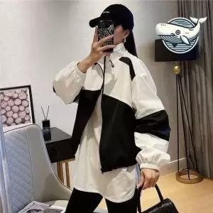 배색 라운지 점퍼 슬리브 바람막이 실용적 크롭 얇은 소재 배색 바람막이 점퍼 URD 크롭한