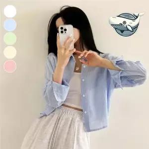 편안한잔스트라이프 반크롭셔츠 데일리하루 반크롭 잔스트라이프 URD 얇은소재 여름셔츠