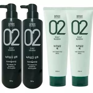 아모스 녹차실감 리바이탈라이징 산뜻한 타입 지성 샴푸 500g 2개+ 팩 250ml 2개