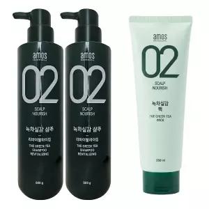 아모스 녹차실감 리바이탈라이징 산뜻한 타입 지성 샴푸 500g 2개+ 팩 250ml 1개