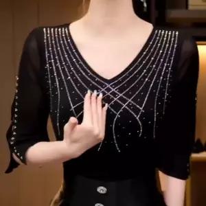 여성 라인댄스복 7부 프릴 소매 무용 댄스복 블랙 메쉬 상의