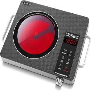 OCTAVO 1800와트 휴대용 적외선 버너 4시간 타이머가 있는 전기 핫 플레이트 터치 컨트롤 패널 조절 가능한