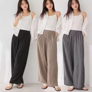 빅사이즈 여성 여름 린넨 밴딩 일자 와이드 팬츠 하체커버 찰랑찰랑 쿨 슬랙스