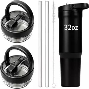 2팩 뚜껑 교체 - HydroJug Sport 32oz 텀블러와 호환되며 누수 방지 상단 캡 및 빨대 청소용 브러시 검은색