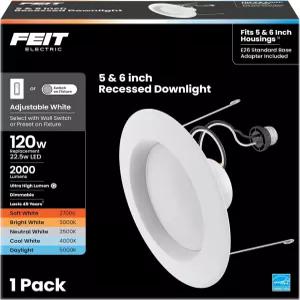 Feit Electric LED 오목 다운라이트 120W 등가 5/6인치 리트로핏 키트 디머블 2000루멘 90 CRI 22W 조절