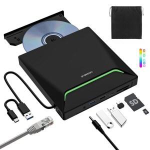 새로운 외장 CD DVD 드라이브, 이더넷 윈도우 /SD 3개 플레이어 OS용 드라이브 USB PC 있는 3.0, 버너 포트 맥북 노트북 리눅스 라이터 어댑터가 카드 쿨 TF 맥 및 디스크 리더 광학 2개,