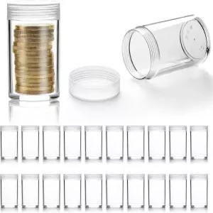 레스날라 20Pcs 플라스틱 코인 튜브 보관 쿼터 나사 뚜껑과 충격 방지 스펀지 패드가 있는 원형 투명