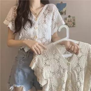 여성 여름 해바라기 자수 펀칭 그물 반팔가디건비치웨어 커버업니트 브이넥 해변 바닷가패션 휴양지 루즈핏