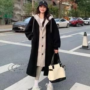 [하프클럽/]여성 레이어드 후드 덤블 롱코트 데일리 뽀글이 양털 자켓 간절