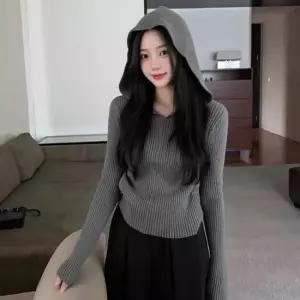 친절한탄씨 여자 긴팔 후드 골지 슬림 니트티 캐주얼룩 골지후드니트 후드니트긴팔 슬림핏니트티