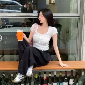 옷자락 여자 하트넥 셔링 프릴 캡 소매 반팔 여름 티셔츠