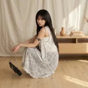 여성 모던 캐주얼 체크 시스루 프릴 밑단 셔링 민소매 원피스