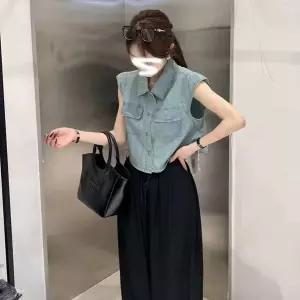 카라넥 세미크롭 반팔 셔츠 청남방 민소매 데님자켓